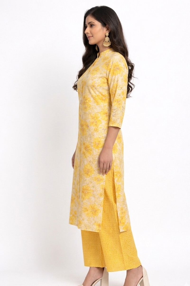 DH316-Chic Yellow Floral Printed Kurta Set with Straight Pants