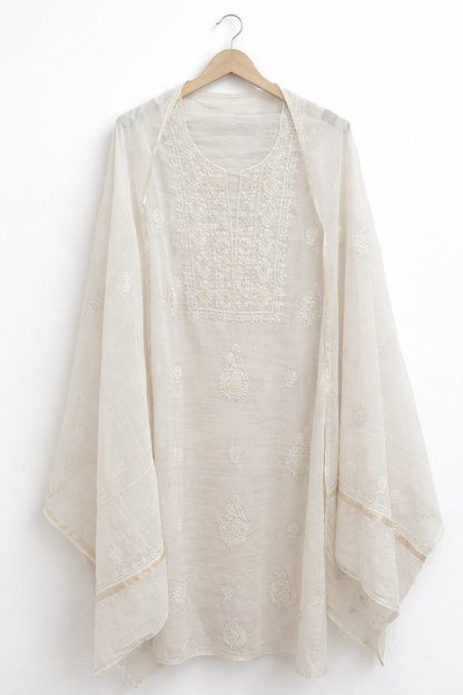 DH275-Elegant Off-White Cotton Chikankari Unstitched Suit with Embroidered Dupatta