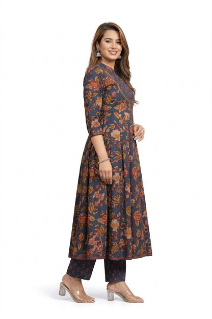 DH196- Regal Navy Floral Cotton Suit Set for Women