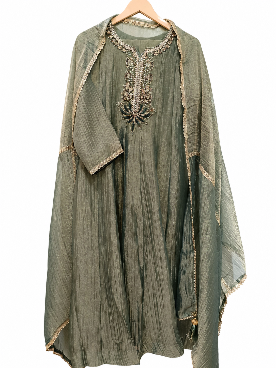DH325-Sage Green Tissue Shimmer Embroidered Suit Set with Dupatta