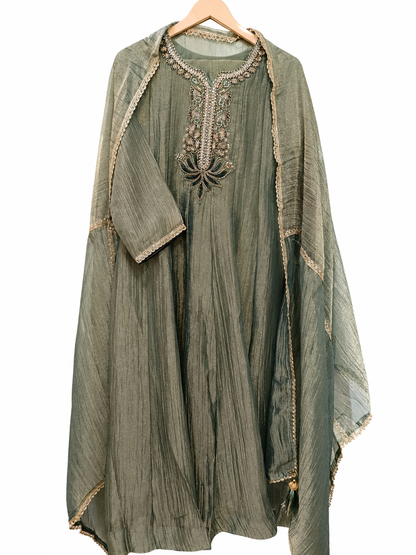 DH325-Sage Green Tissue Shimmer Embroidered Suit Set with Dupatta
