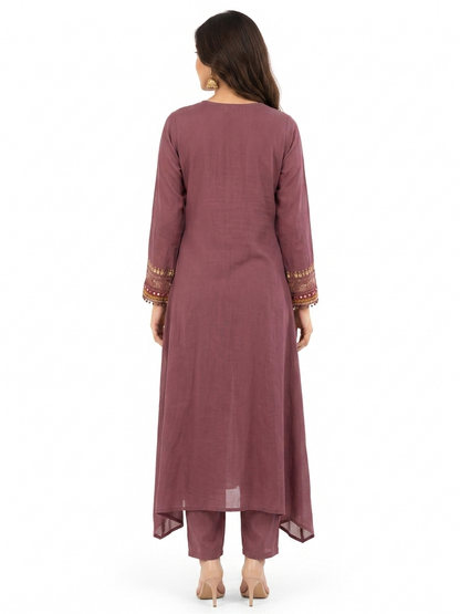 DH326-Wine Mul Chanderi Embroidered A-Line Suit Set with Dupatta