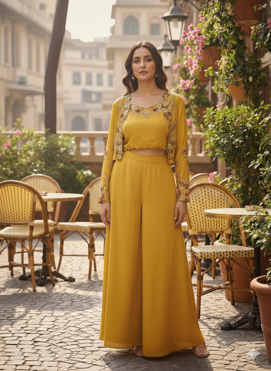DH118Y-Yellow Palazzo Suit with Embroidered Jacket