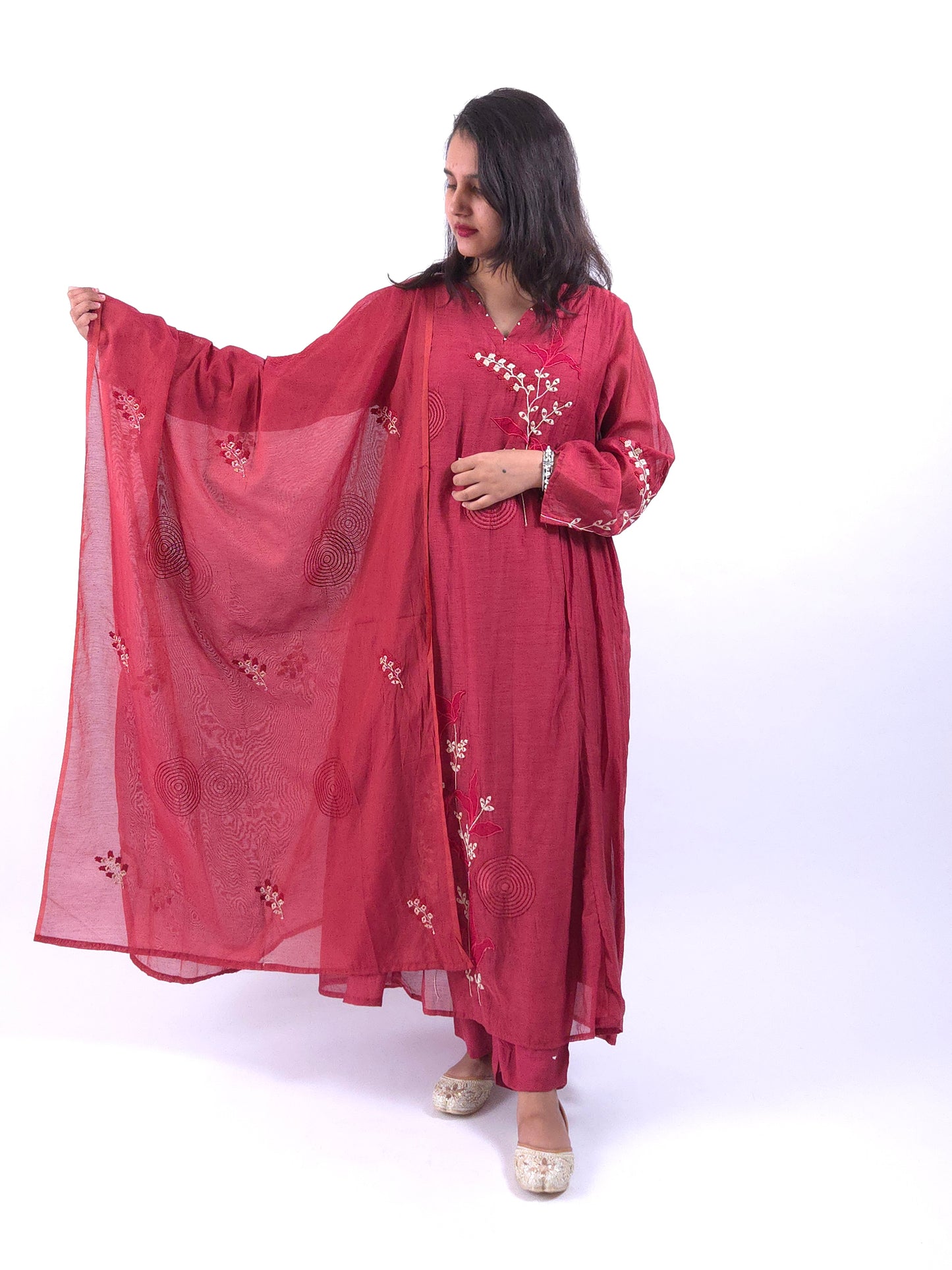 DH183-Maroon-Rust Red Floral Embroidered Kurta Set - Dharini's Store