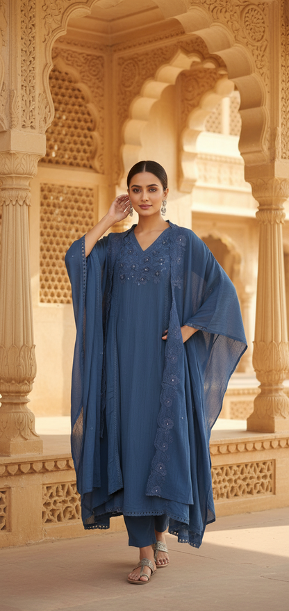 DH133B-Regal Teal Embroidered Kurta Set