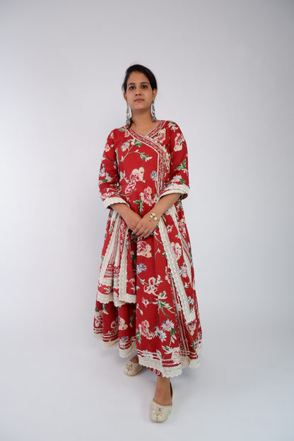 DH213-Graceful Red Floral Anarkali with Lace Detailing