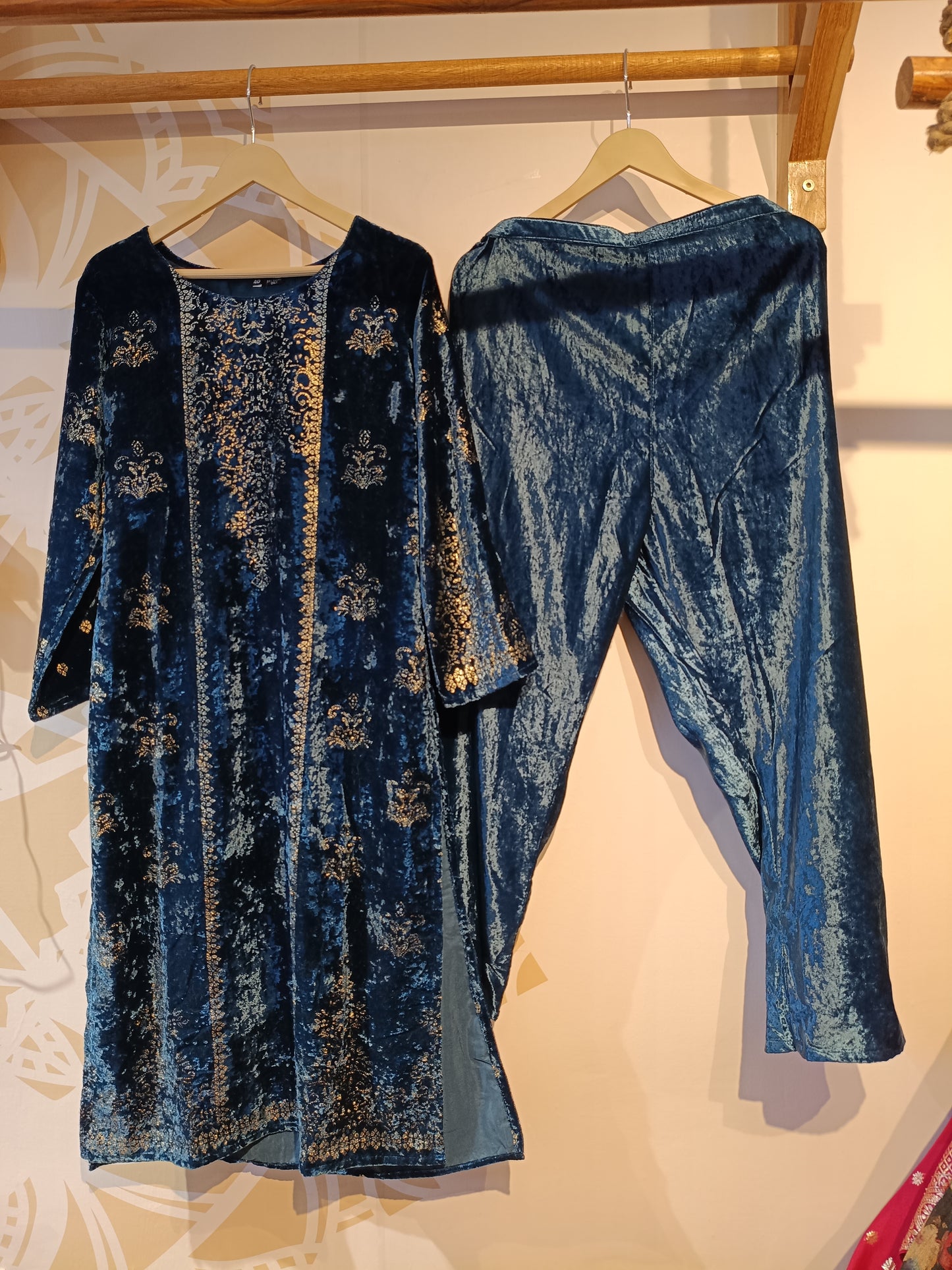 DH287-Teal Blue Velvet Three-Piece Suit with Intricate Gold Embroidery