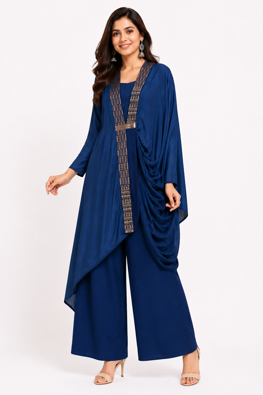 DH328-Navy Blue Indo-Western Co-Ord Set with Drape & Palazzo