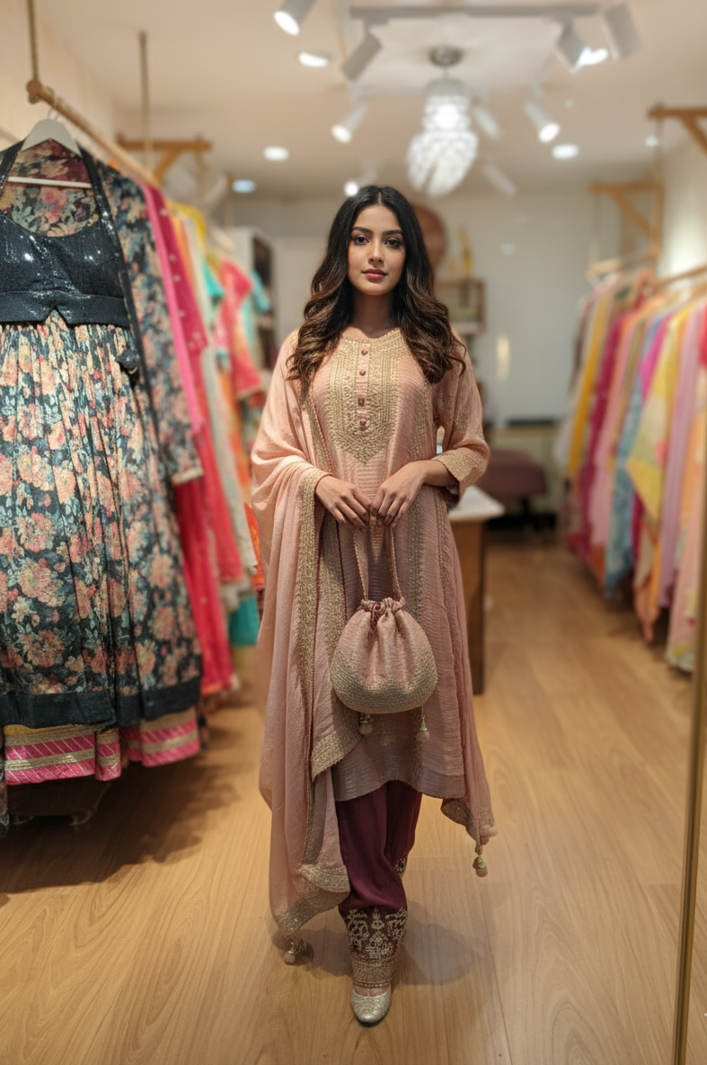 DH242-Elegant Peach Ethnic Ensemble  Traditional Grace with a Modern Touch