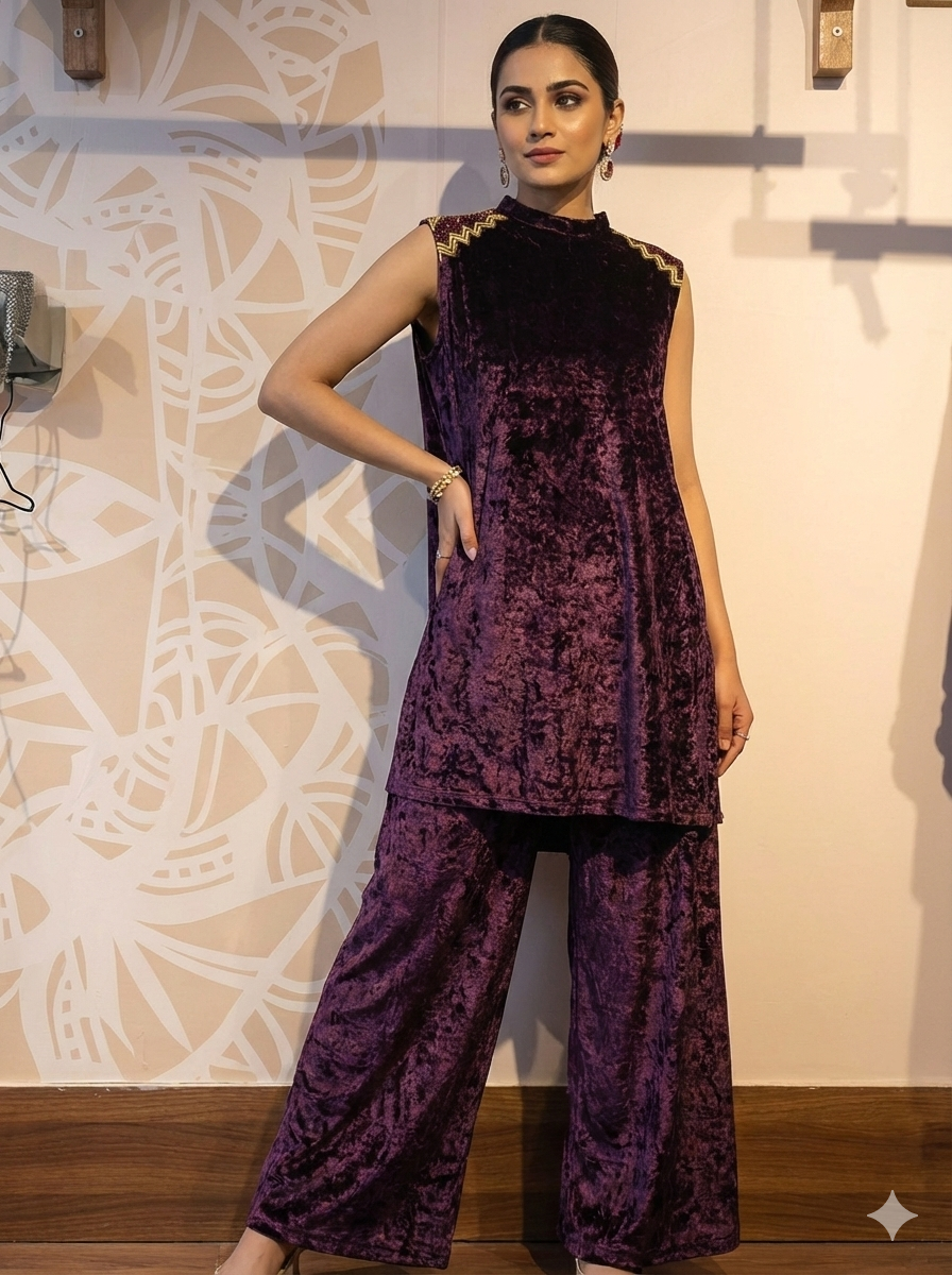 DH282-Plum Velvet Sleeveless Kurta with Palazzo Set