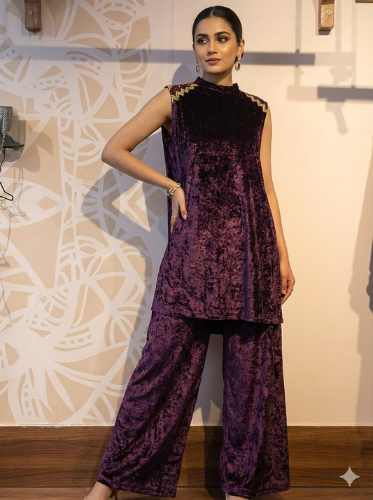 DH282-Plum Velvet Sleeveless Kurta with Palazzo Set