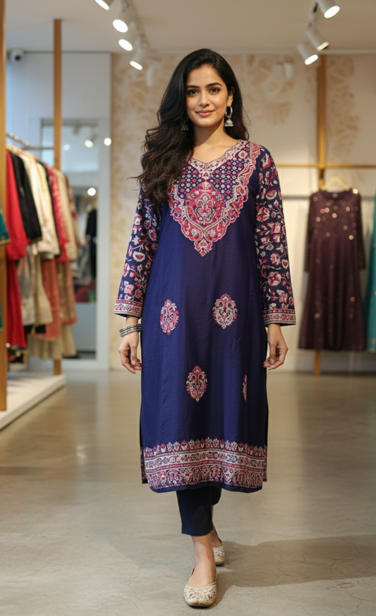DH274-Kashmiri Pheran Kurti with Embroidered V-Cut Neckline
