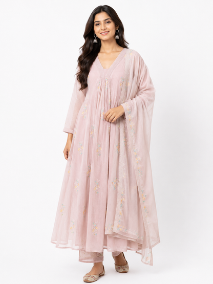 DH322-Blush Pink Mul Chanderi Embroidered A-Line Suit Set with Dupatta