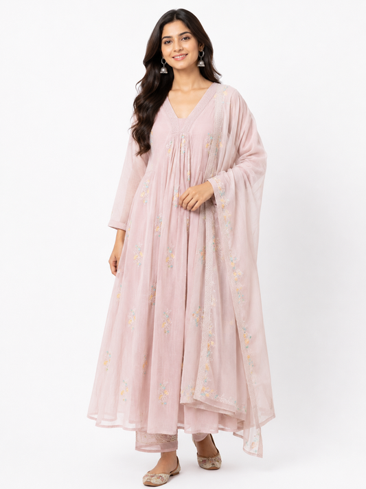 DH322-Blush Pink Mul Chanderi Embroidered A-Line Suit Set with Dupatta