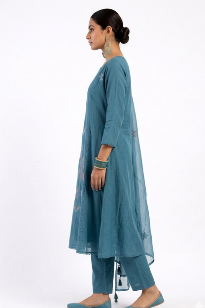 DH306-Elegant Teal Blue Embroidered Kurta Set with Dupatta