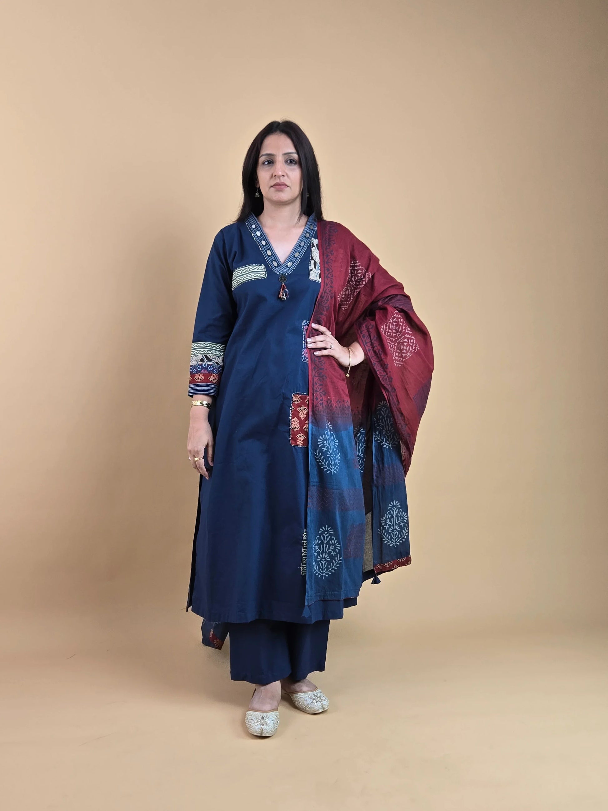 DH 126-B- Navy Blue and Red suit with pocket in front - Dharini's Store
