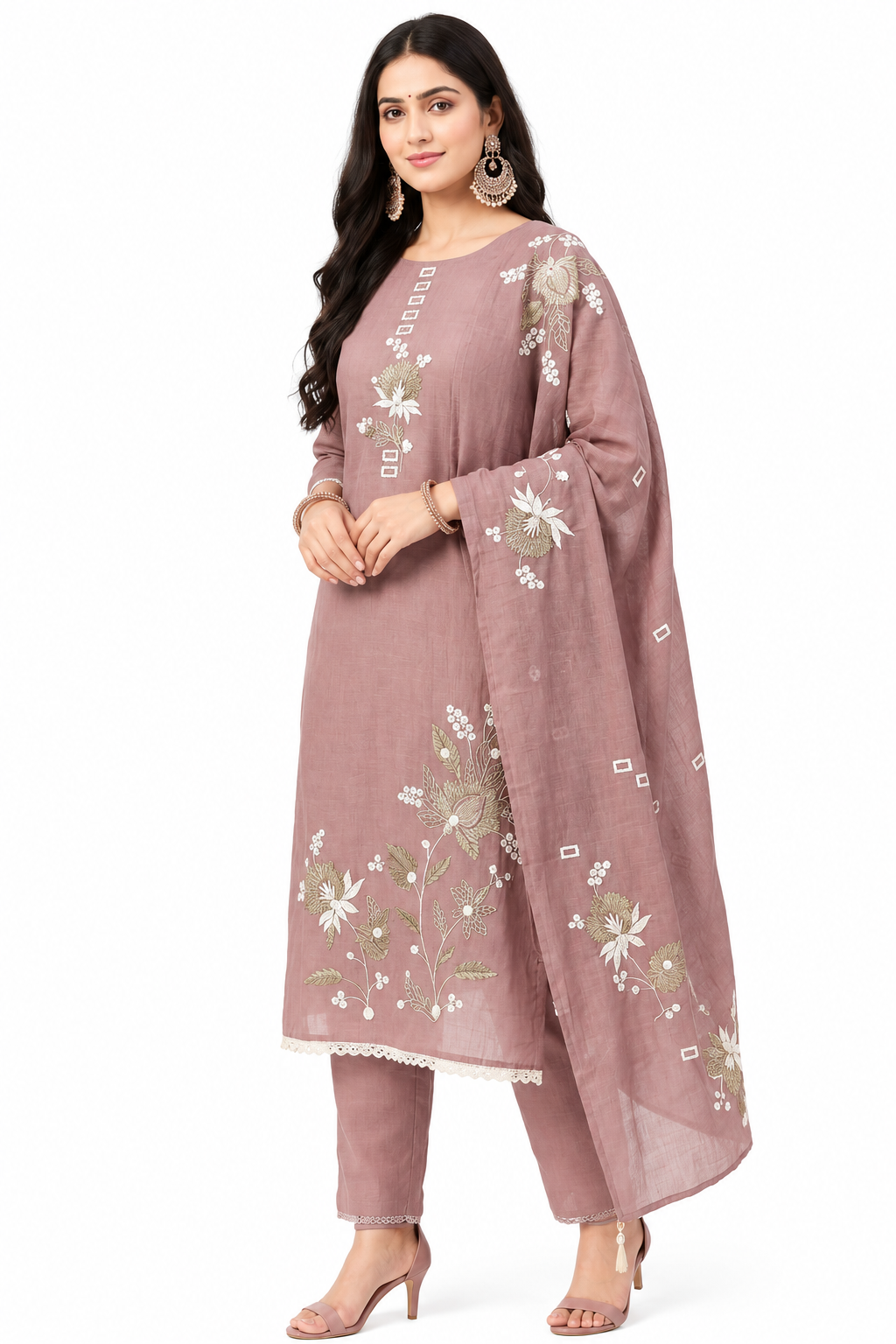 DH333-Women’s 3 Piece Unstitched Mul Chanderi  with Floral Thread Work