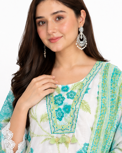 DH123-Cotton Floral Print Kurta Set with Dupatta