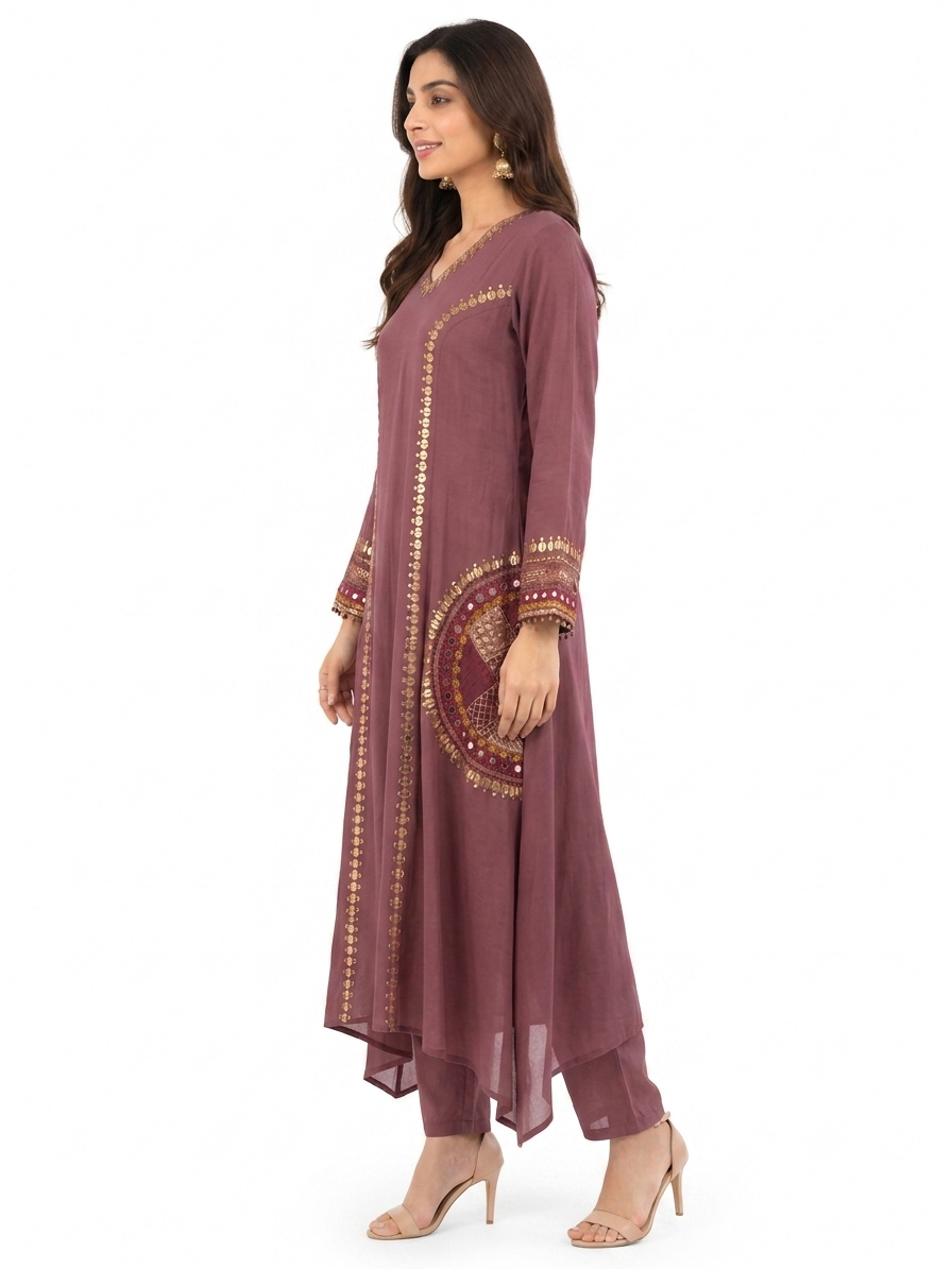 DH326-Wine Mul Chanderi Embroidered A-Line Suit Set with Dupatta