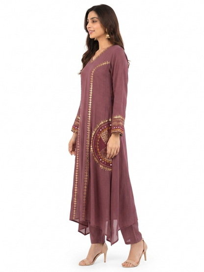 DH326-Wine Mul Chanderi Embroidered A-Line Suit Set with Dupatta