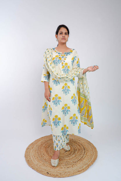 DH162WY-Elegant Floral Printed Cream Suit Set