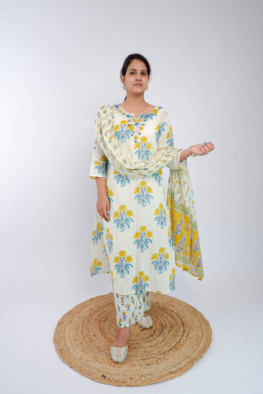 DH162WY-Elegant Floral Printed Cream Suit Set