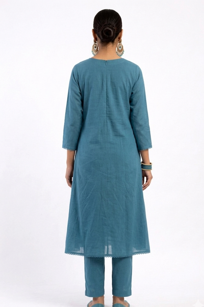 DH306-Elegant Teal Blue Embroidered Kurta Set with Dupatta