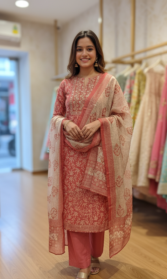 DH257-Floral Heritage Suit In Coral & Cream