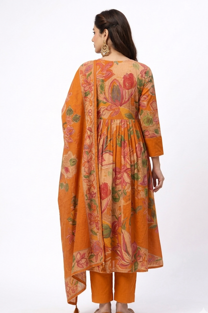 DH305- Vibrant Orange Floral A-Line Kurta Set with Dupatta