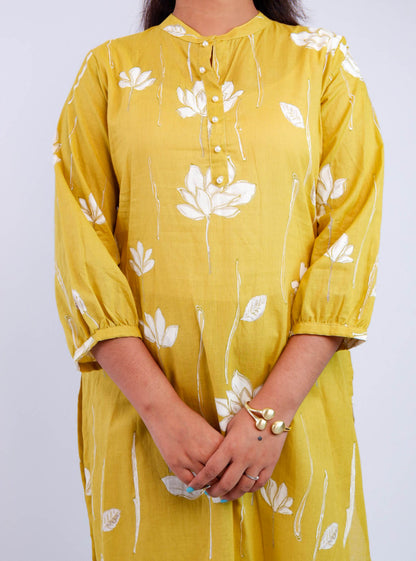 DH167WY-Mustard Yellow Floral Kurta and Pants Set