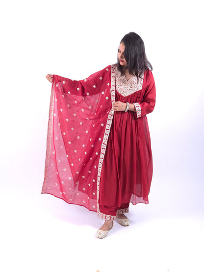 DH182-Crimson Red Embroidered Anarkali Set - Dharini's Store
