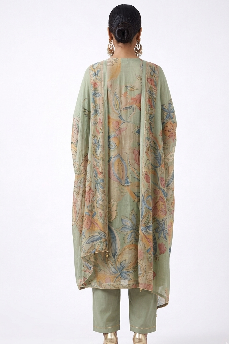 DH304-Elegant Pastel Green Floral Suit Set with Dupatta