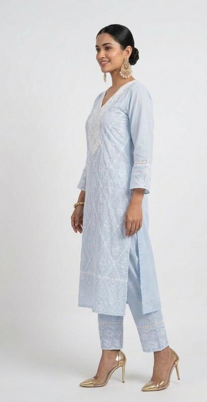 DH112B- Schiffli Work Straight-Cut Suit Light Blue