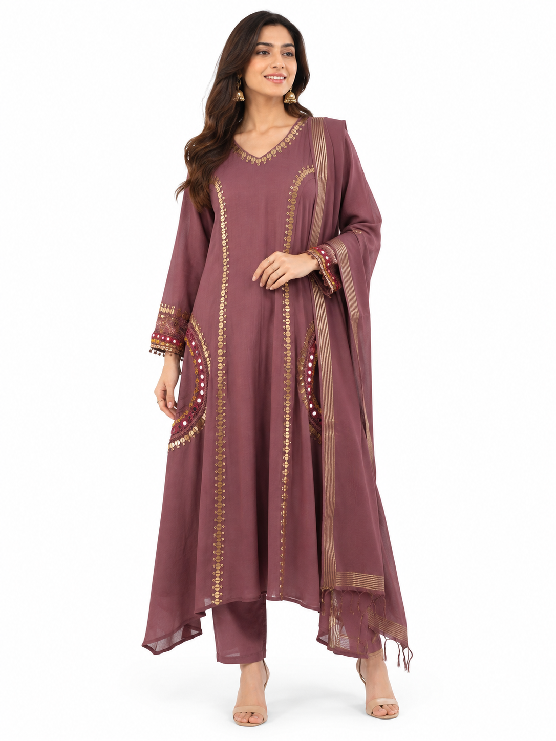 DH326-Wine Mul Chanderi Embroidered A-Line Suit Set with Dupatta