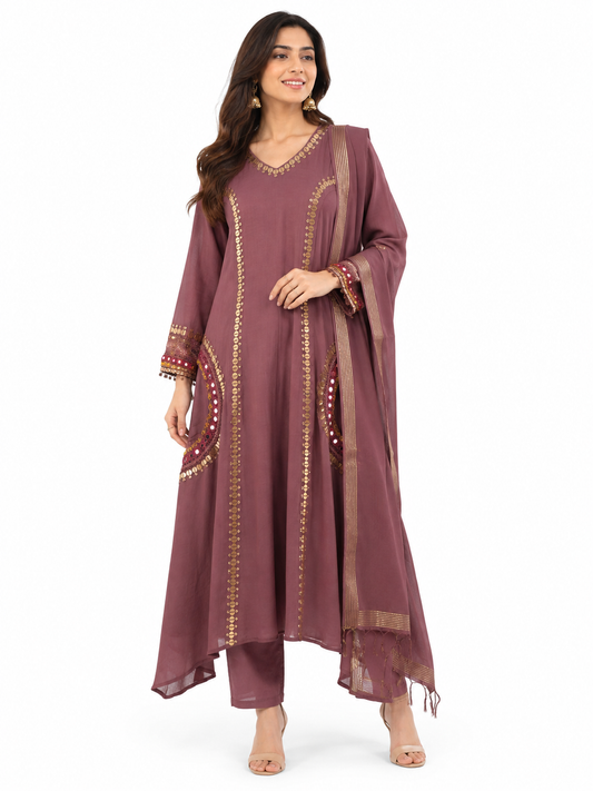 DH326-Wine Mul Chanderi Embroidered A-Line Suit Set with Dupatta
