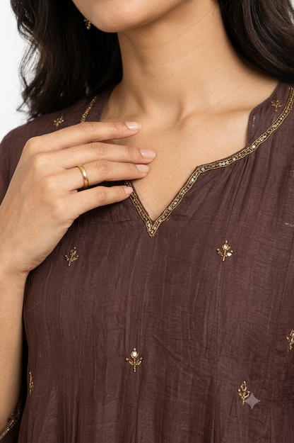 DH321-Women's Brown Mul Chanderi A-Line Suit Set with Dupatta