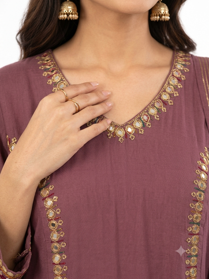 DH326-Wine Mul Chanderi Embroidered A-Line Suit Set with Dupatta