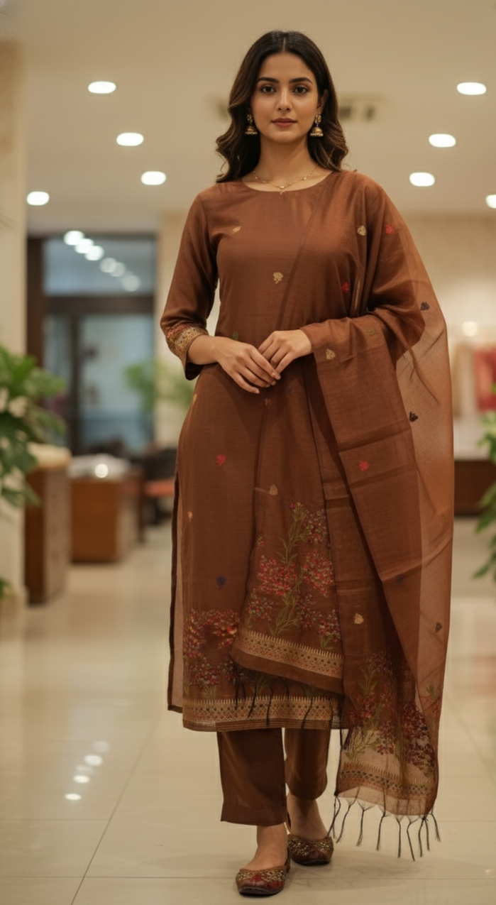 DH226-Chocolate Brown Ensemble With Nature -Inspired Motifs