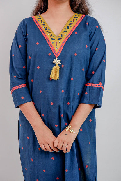 DH209-Blue Handloom Cotton Kurti with Embroidered V-Neck and Tassel Detail