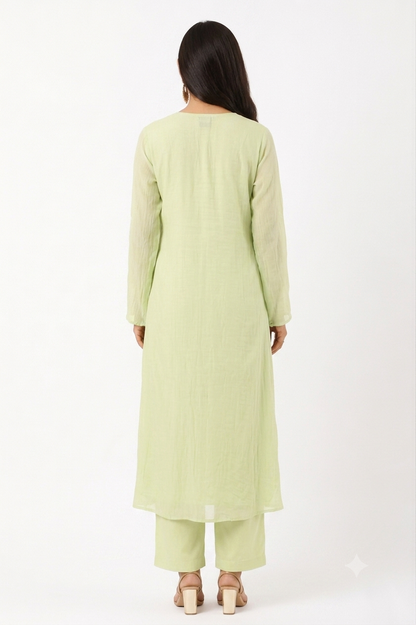 DH324-Pastel Green Mul Chanderi Embroidered A-Line Suit Set with Dupatta