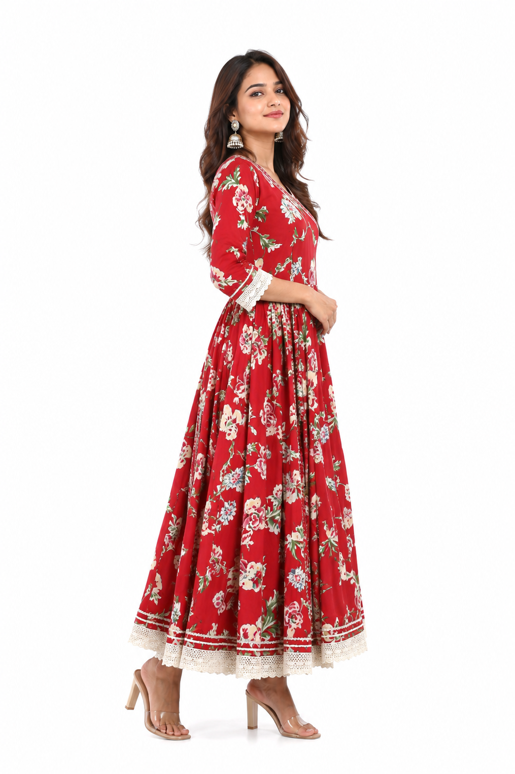 DH213-Graceful Red Floral Anarkali with Lace Detailing
