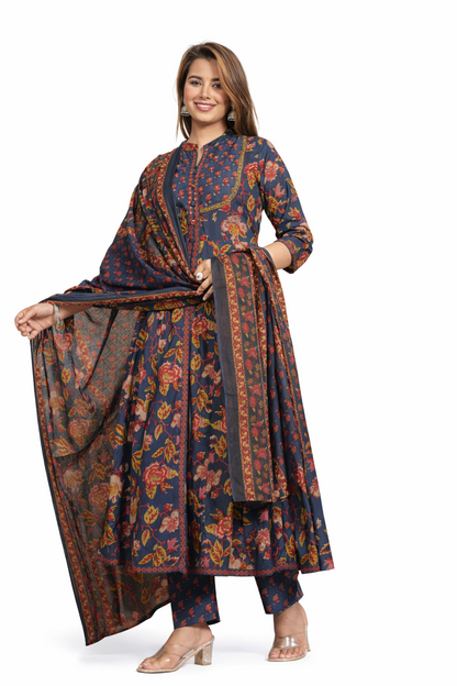 DH196- Regal Navy Floral Cotton Suit Set for Women