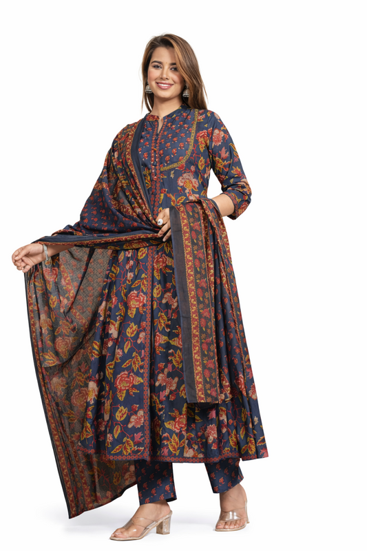 DH196- Regal Navy Floral Cotton Suit Set for Women