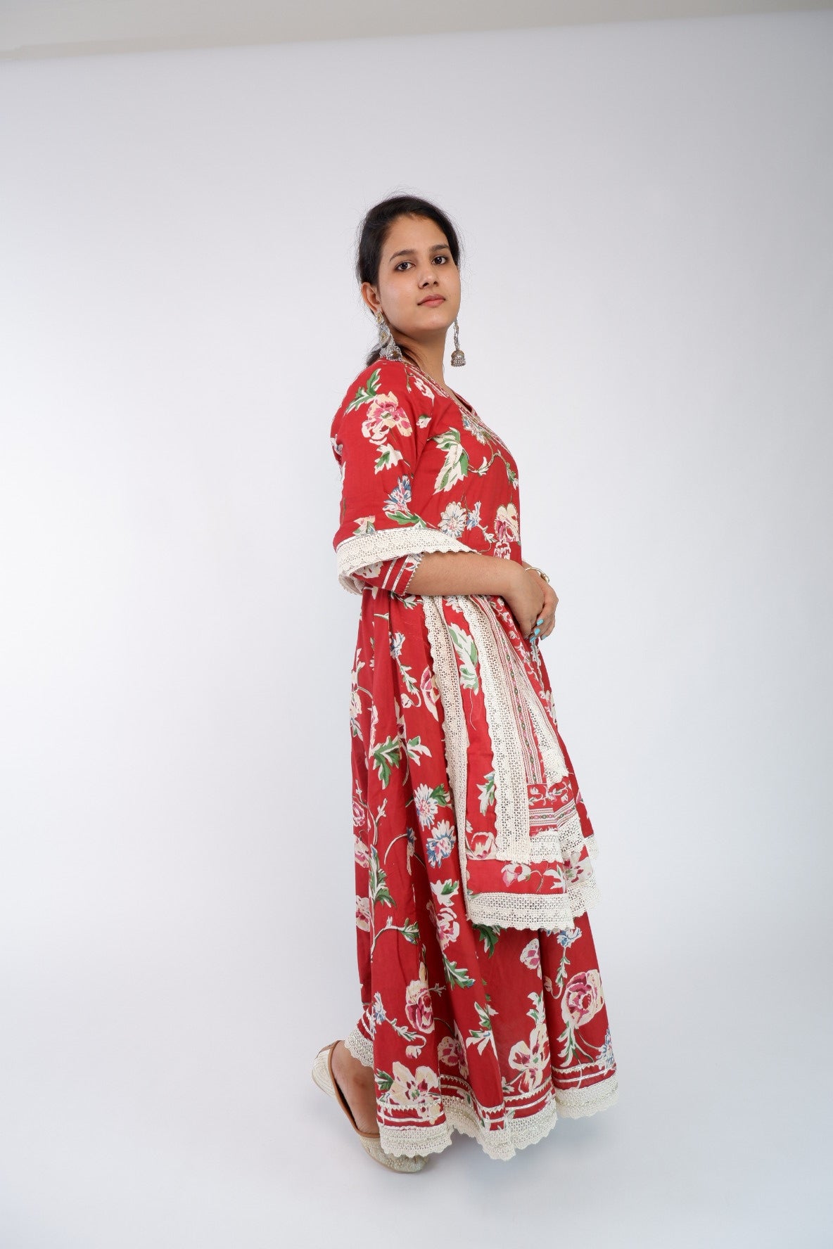 DH213-Graceful Red Floral Anarkali with Lace Detailing