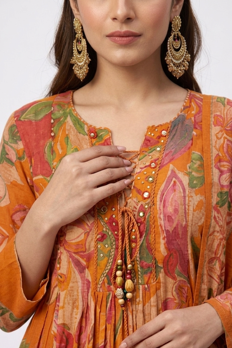 DH305- Vibrant Orange Floral A-Line Kurta Set with Dupatta