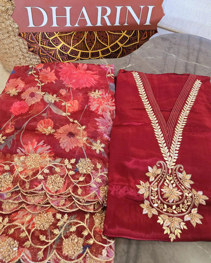 DH002R-Unstiched Cherry Red Silk Suit for Women with Floral Embroidery