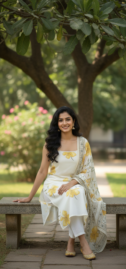 DH122W-White Dress with Yellow Floral Print & Dupatta