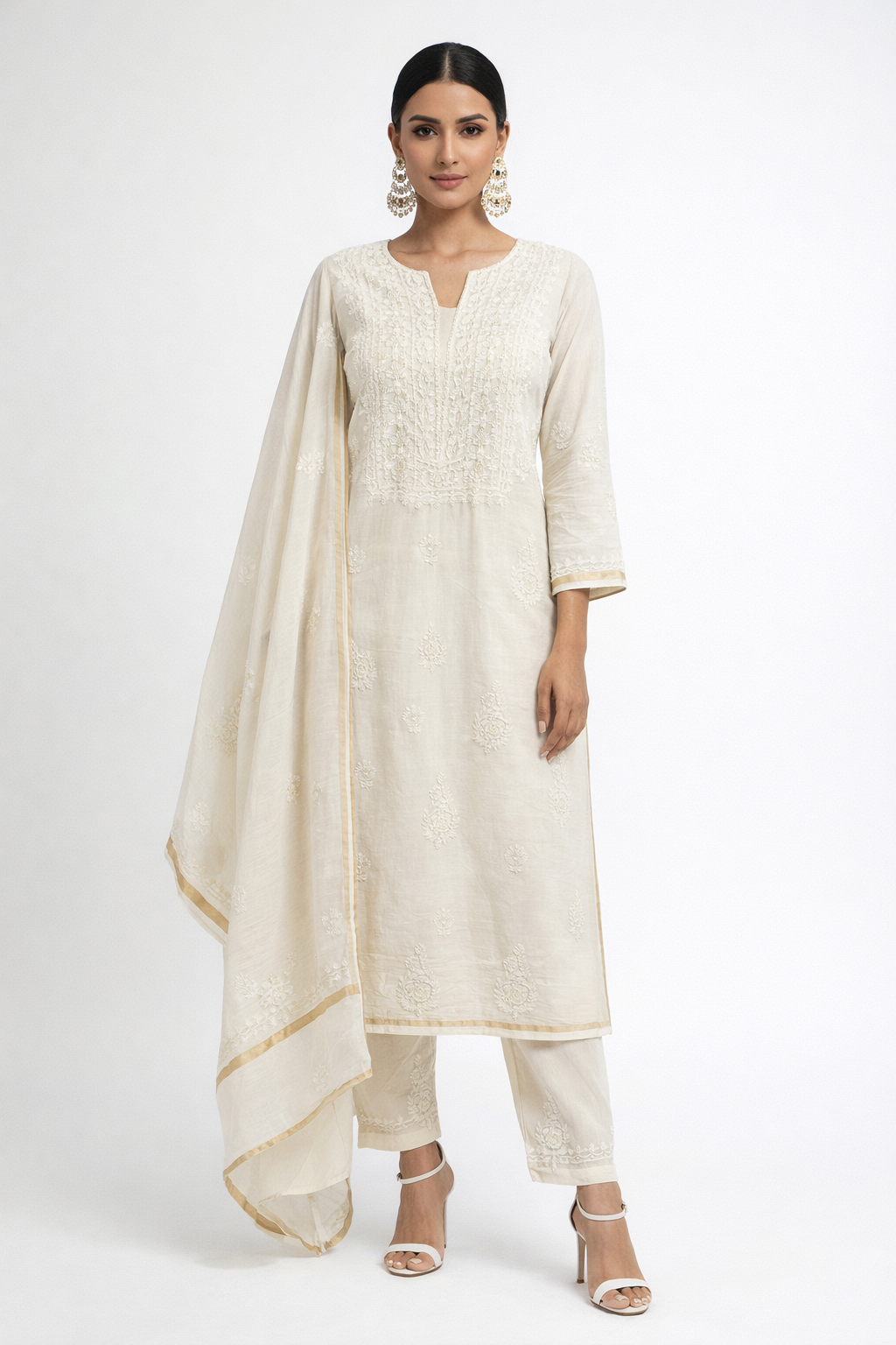 DH275-Elegant Off-White Cotton Chikankari Unstitched Suit with Embroidered Dupatta