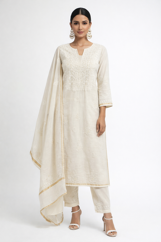 DH275-Elegant Off-White Cotton Chikankari Unstitched Suit with Embroidered Dupatta