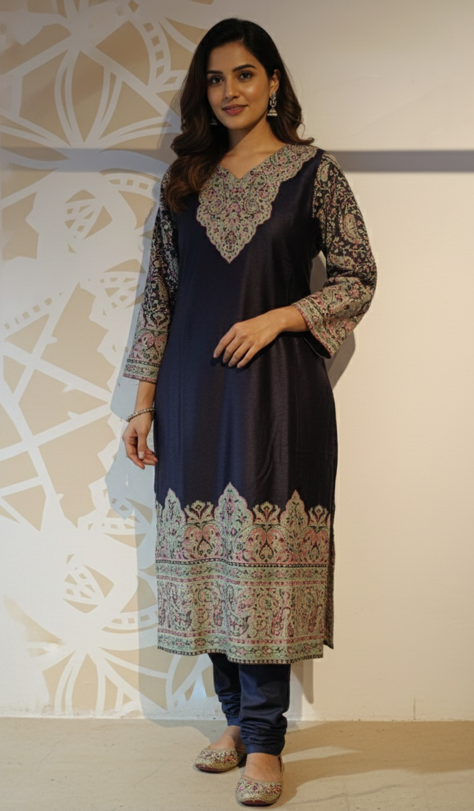 DH272-Black Kashmiri Pheran with Tilla Embroidery & V Neckline
